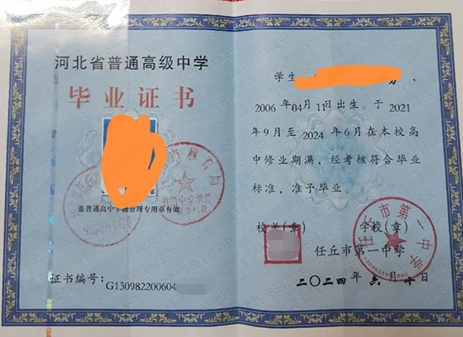 新会任丘市第一中学高中毕业证样本图片